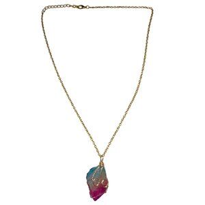 Gold tone Chain Necklace  Wire-Wrapped Pink Blue Stone Pendant fairycore